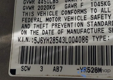 2003 Honda Element Ex z USA, uszkodzony, nr VIN 5J6YH28543L004086